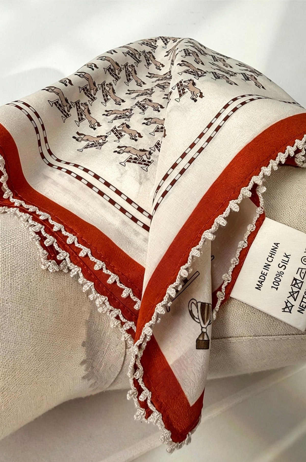 100% Mulberry Silk Scarf 26"x26" 65x65CM, French Romantic Lace Trim Neck Scarf for Women, Cute Horse Print Silk Bandana, Vintage Hair Scarf