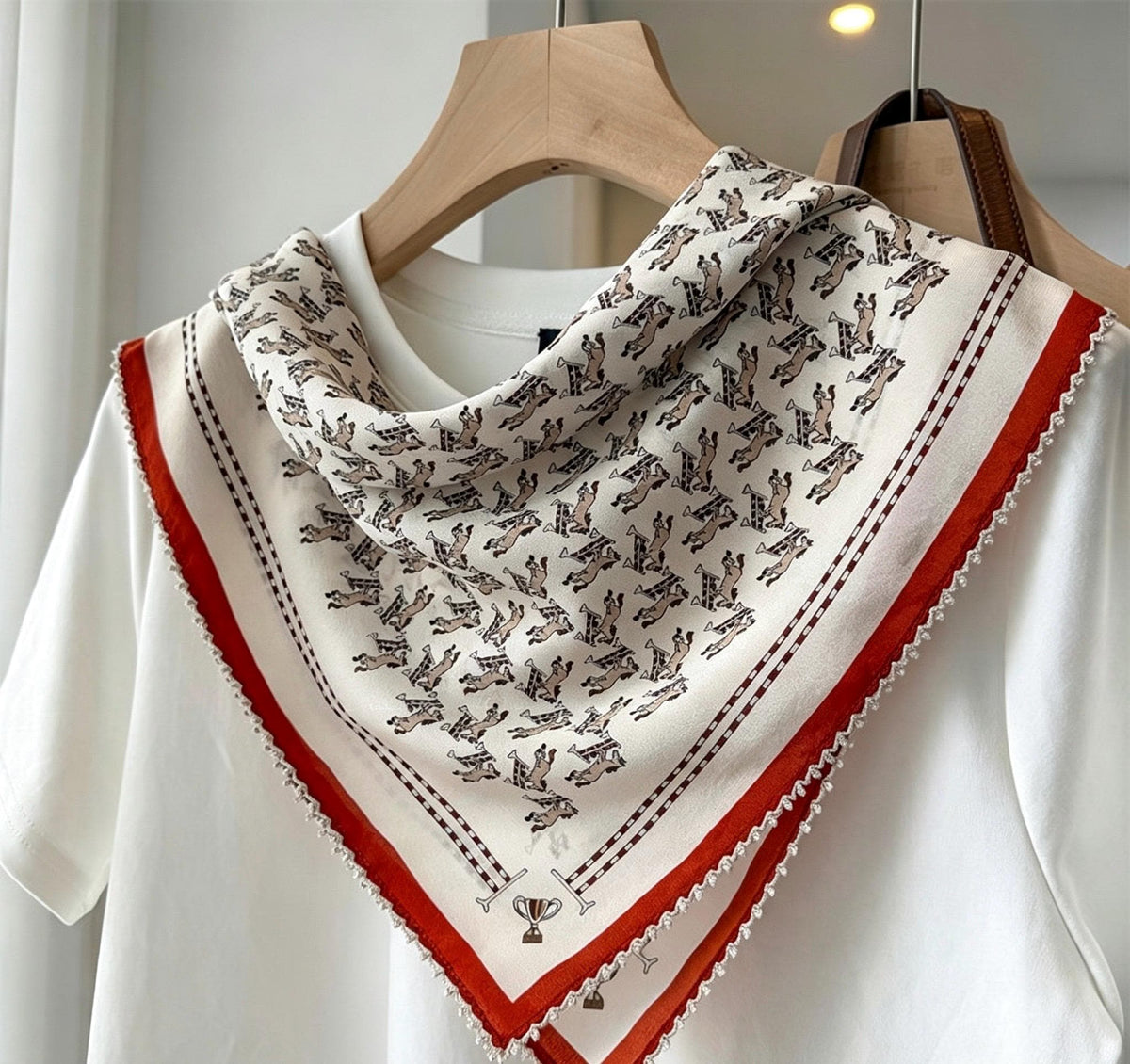 100% Mulberry Silk Scarf 26"x26" 65x65CM, French Romantic Lace Trim Neck Scarf for Women, Cute Horse Print Silk Bandana, Vintage Hair Scarf
