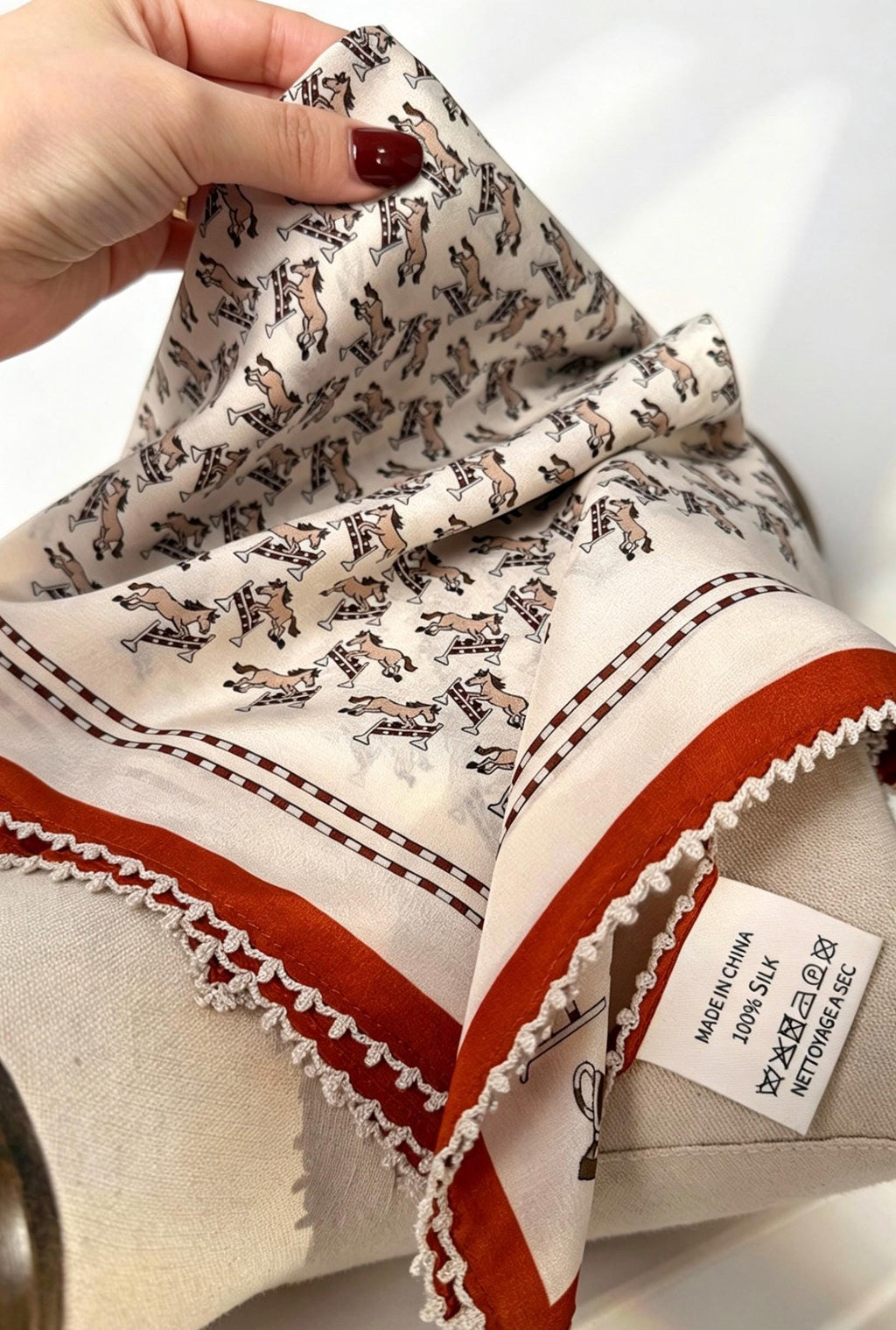 100% Mulberry Silk Scarf 26"x26" 65x65CM, French Romantic Lace Trim Neck Scarf for Women, Cute Horse Print Silk Bandana, Vintage Hair Scarf
