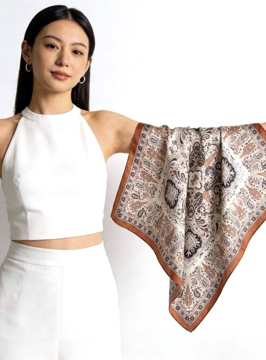 100% Mulberry Silk Scarf 26"x26" 65x65cm, Paisley Garden Silk Neckerchief, Elegant Square Scarf, Silk Hair Bandana, Luxury Gift for Her