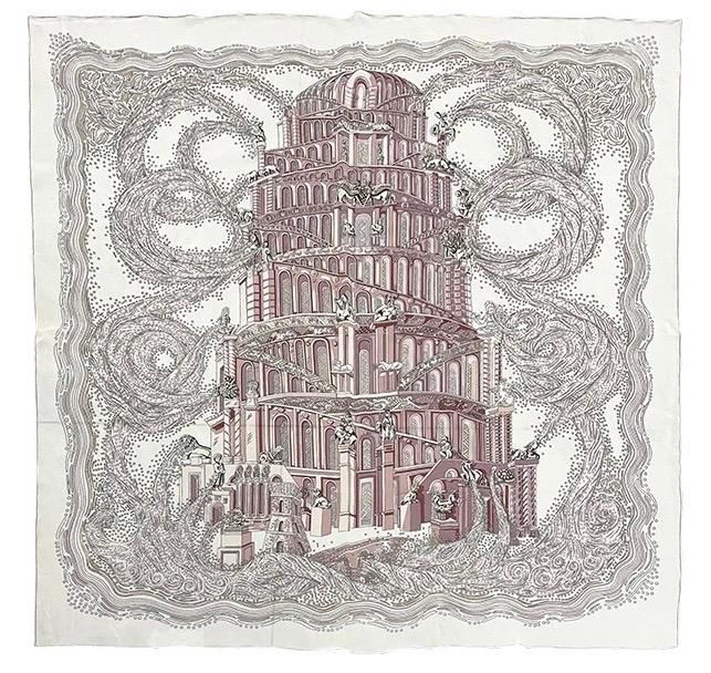 100% Mulberry Silk Scarf 41"x41" 105x105cm, Gentle Tower of Babel Print, Lightweight Silk Georgette Square, Elegant Spring Summer Shawl Gift