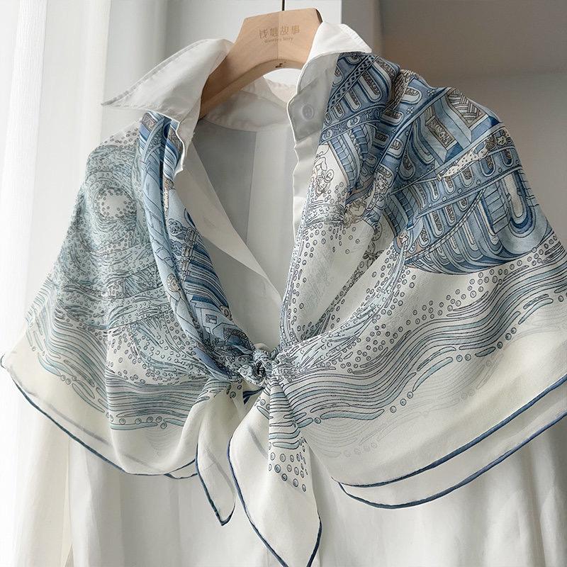 100% Mulberry Silk Scarf 41"x41" 105x105cm, Gentle Tower of Babel Print, Lightweight Silk Georgette Square, Elegant Spring Summer Shawl Gift