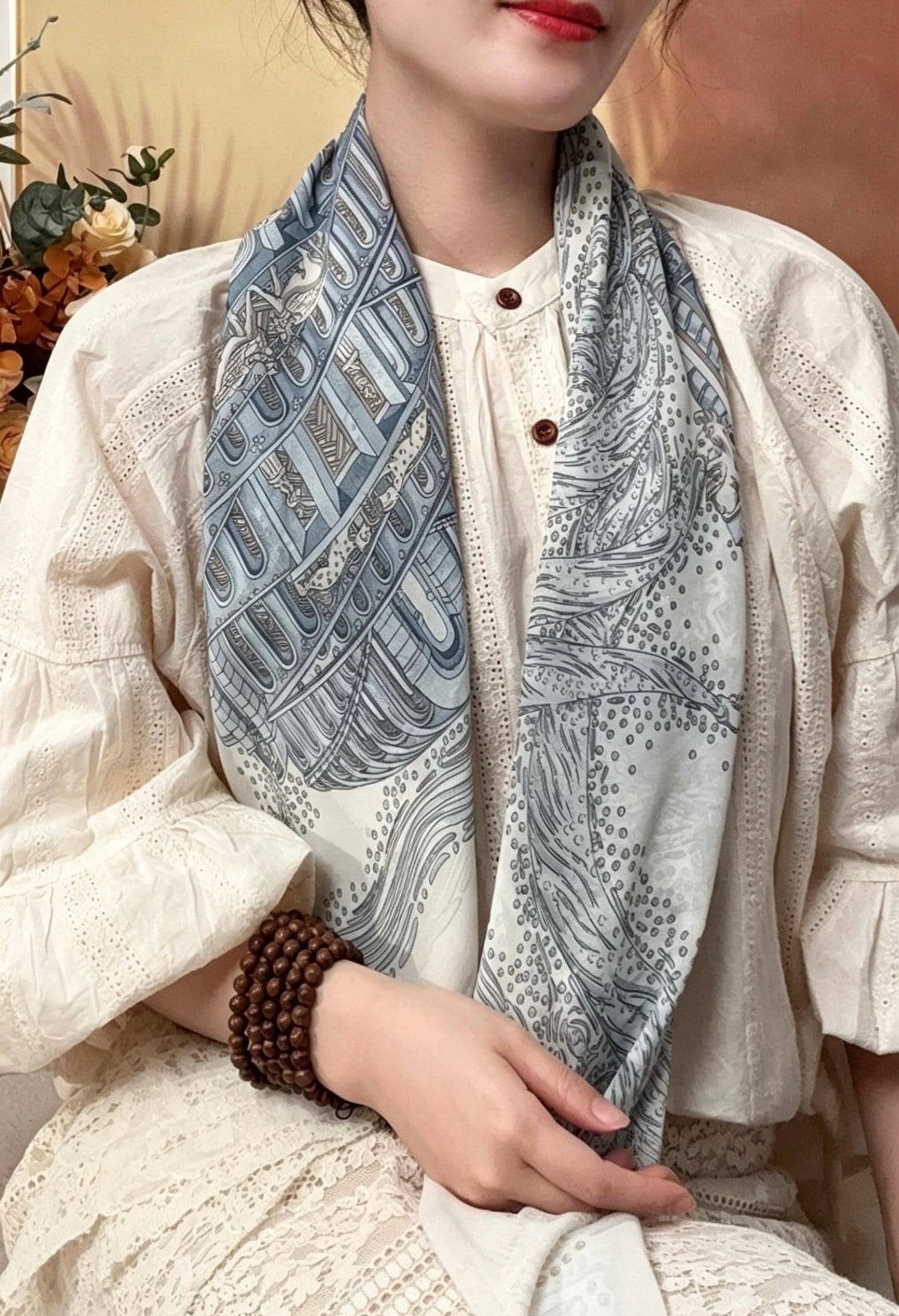 100% Mulberry Silk Scarf 41"x41" 105x105cm, Gentle Tower of Babel Print, Lightweight Silk Georgette Square, Elegant Spring Summer Shawl Gift