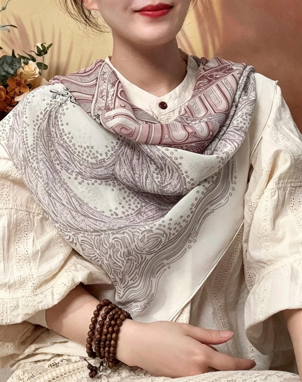 100% Mulberry Silk Scarf 41"x41" 105x105cm, Gentle Tower of Babel Print, Lightweight Silk Georgette Square, Elegant Spring Summer Shawl Gift