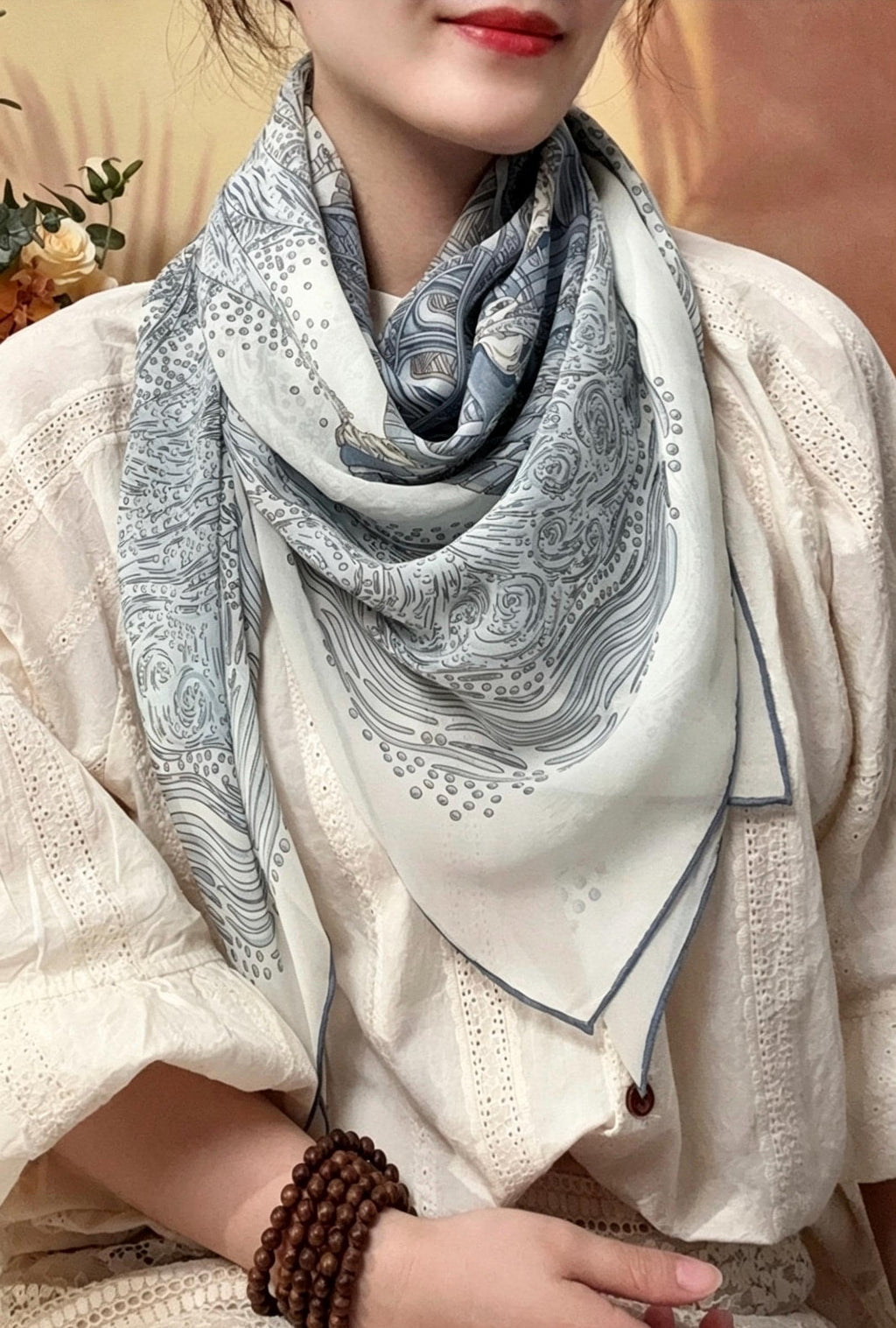 100% Mulberry Silk Scarf 41"x41" 105x105cm, Gentle Tower of Babel Print, Lightweight Silk Georgette Square, Elegant Spring Summer Shawl Gift