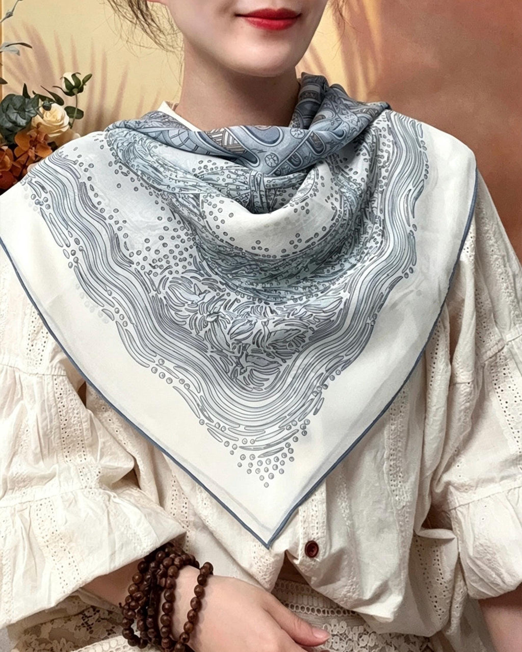 100% Mulberry Silk Scarf 41"x41" 105x105cm, Gentle Tower of Babel Print, Lightweight Silk Georgette Square, Elegant Spring Summer Shawl Gift