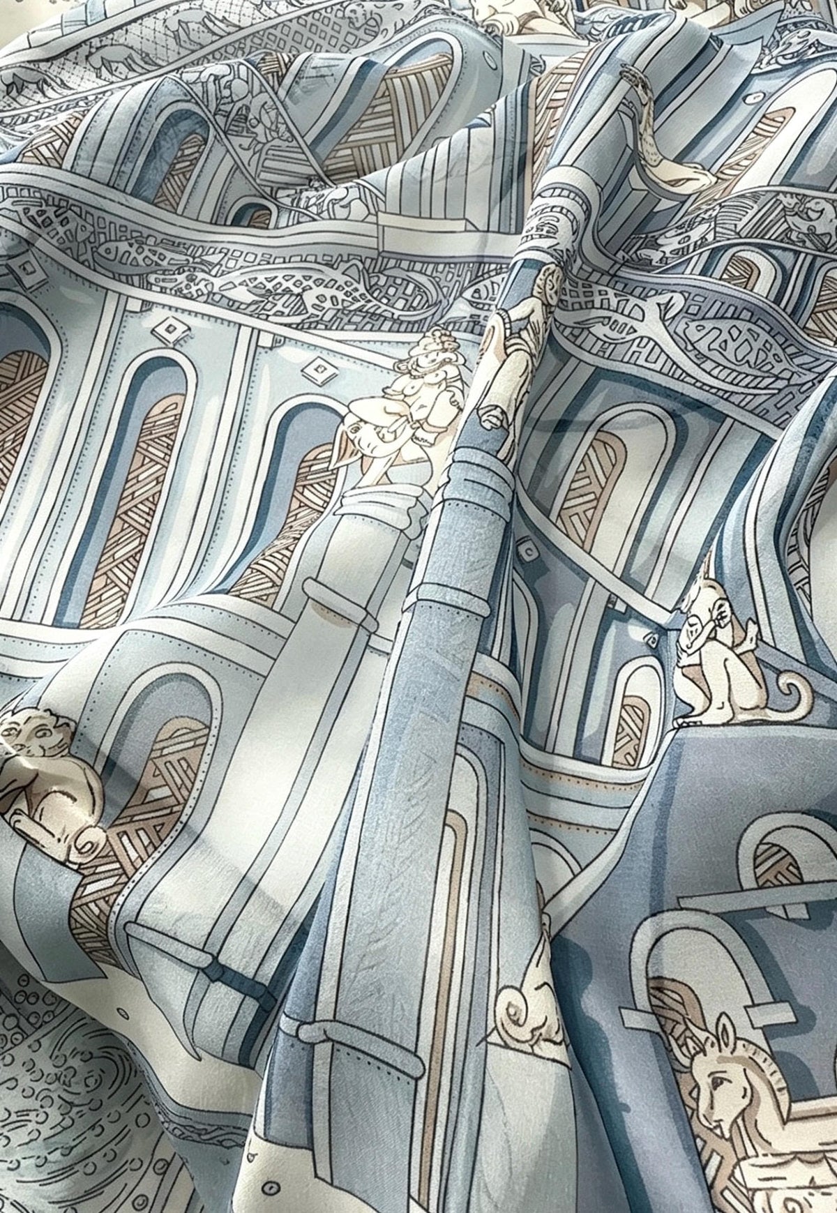 100% Mulberry Silk Scarf 41"x41" 105x105cm, Gentle Tower of Babel Print, Lightweight Silk Georgette Square, Elegant Spring Summer Shawl Gift
