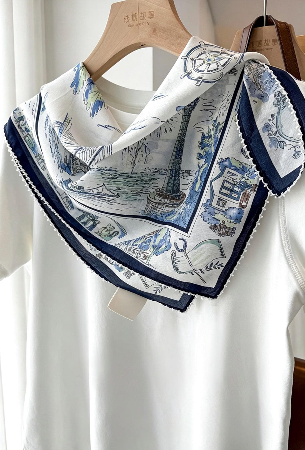 100% Mulberry Silk Scarf 26"x26" 65x65CM, Nautical Logbook Maritime Map Square Scarf, Hand Rolled Edge Crepe de Chine Neck Handkerchief Gift