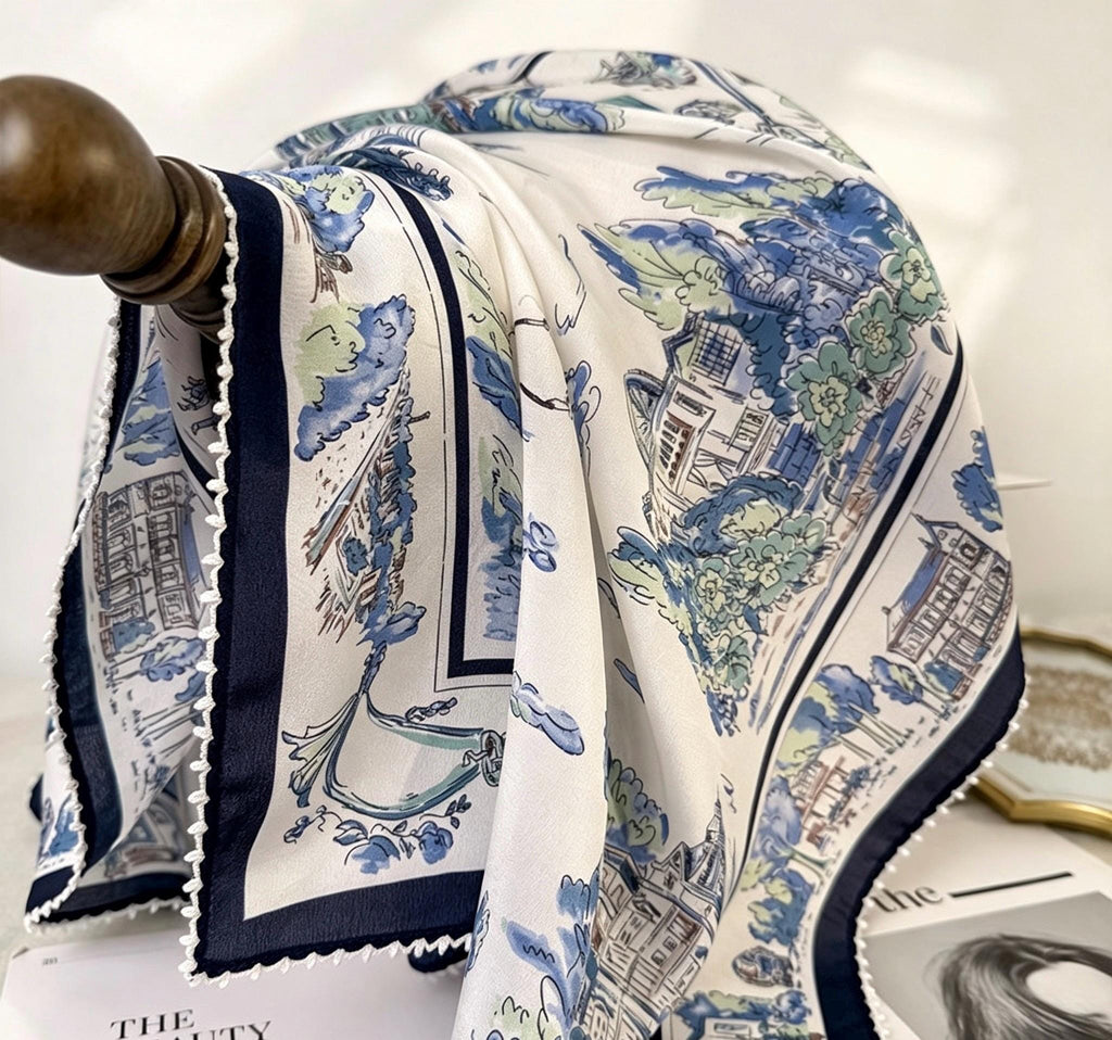 100% Mulberry Silk Scarf 26"x26" 65x65CM, Nautical Logbook Maritime Map Square Scarf, Hand Rolled Edge Crepe de Chine Neck Handkerchief Gift