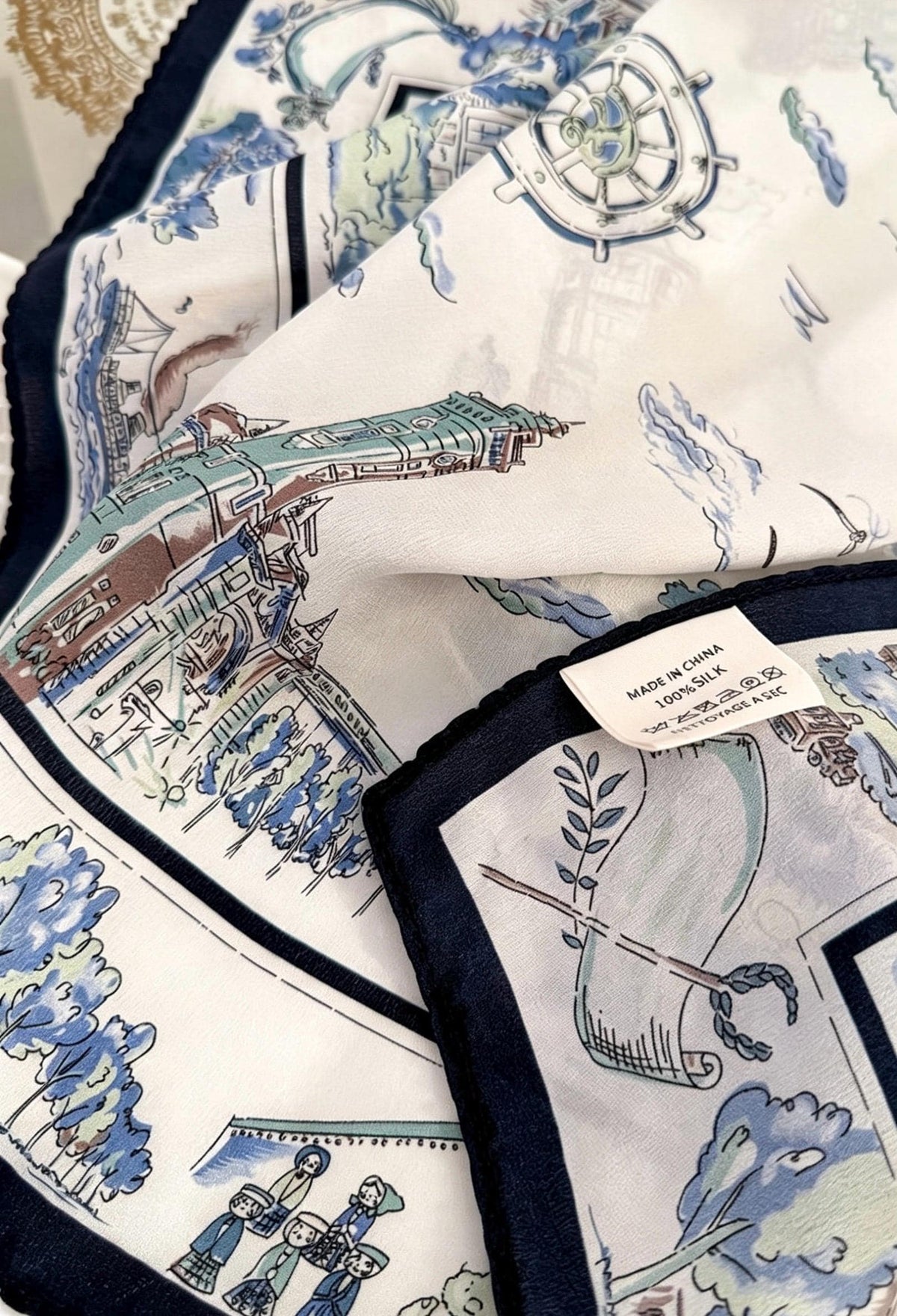 100% Mulberry Silk Scarf 26"x26" 65x65CM, Nautical Logbook Maritime Map Square Scarf, Hand Rolled Edge Crepe de Chine Neck Handkerchief Gift