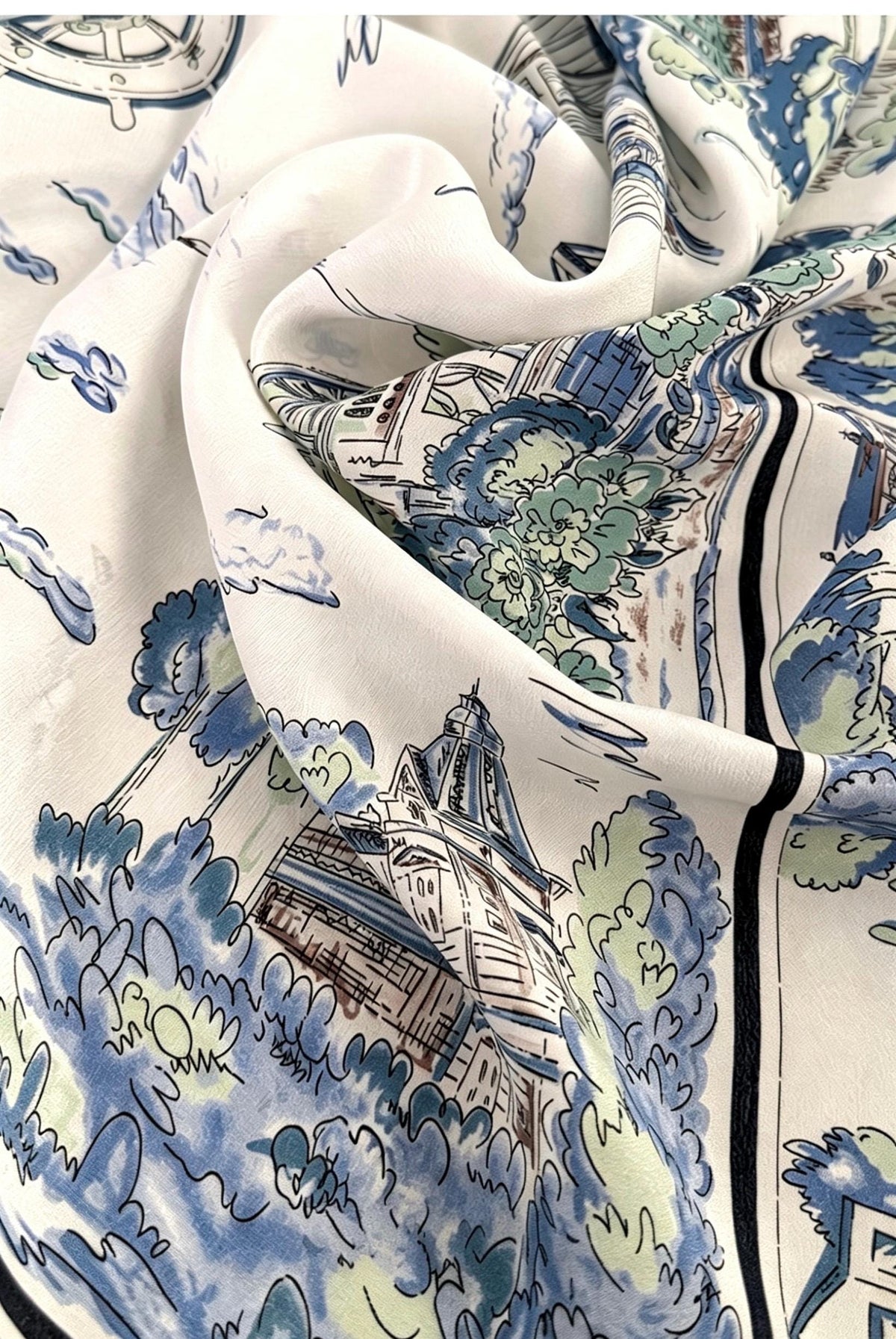 100% Mulberry Silk Scarf 26"x26" 65x65CM, Nautical Logbook Maritime Map Square Scarf, Hand Rolled Edge Crepe de Chine Neck Handkerchief Gift