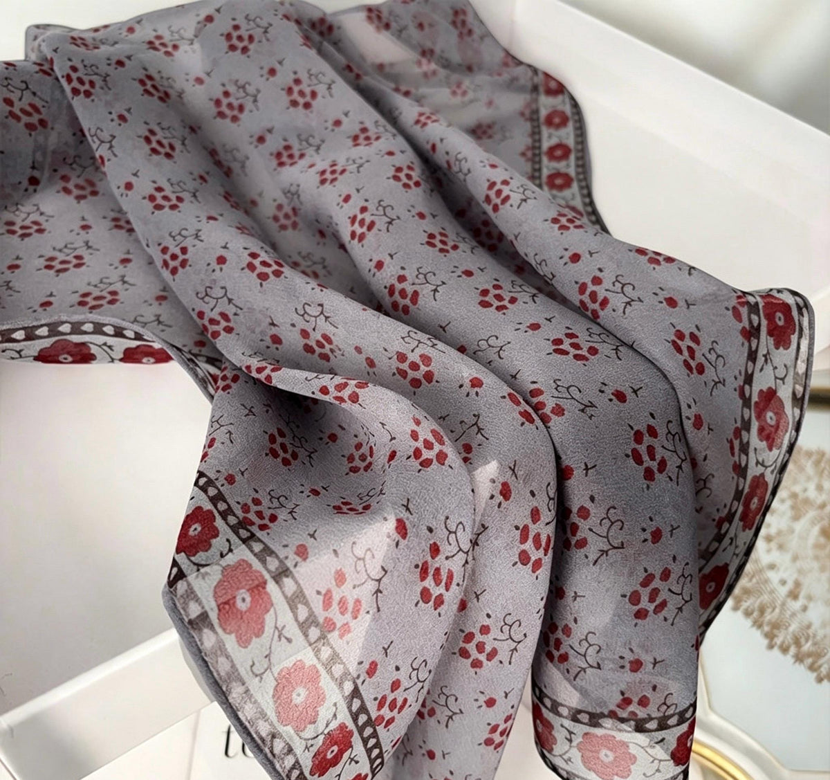 100% Silk Wool Scarf 25"x25" 65x65cm, Monet Grey Mulberry Silk Scarf, Low Saturation Georgette Square Scarf, Artistic Silk Wrap Gift for Her