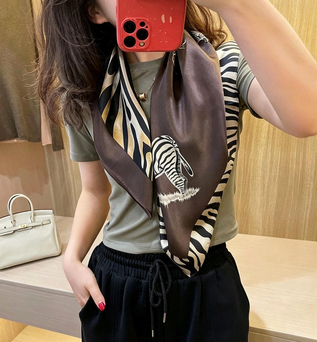 100% Mulberry Silk Scarf 28"x28" 70x70CM Cute Zebra Print Silk Scarf Spring Summer Neck Scarf Whimsical Hair Scarf Luxury Silk Shawl