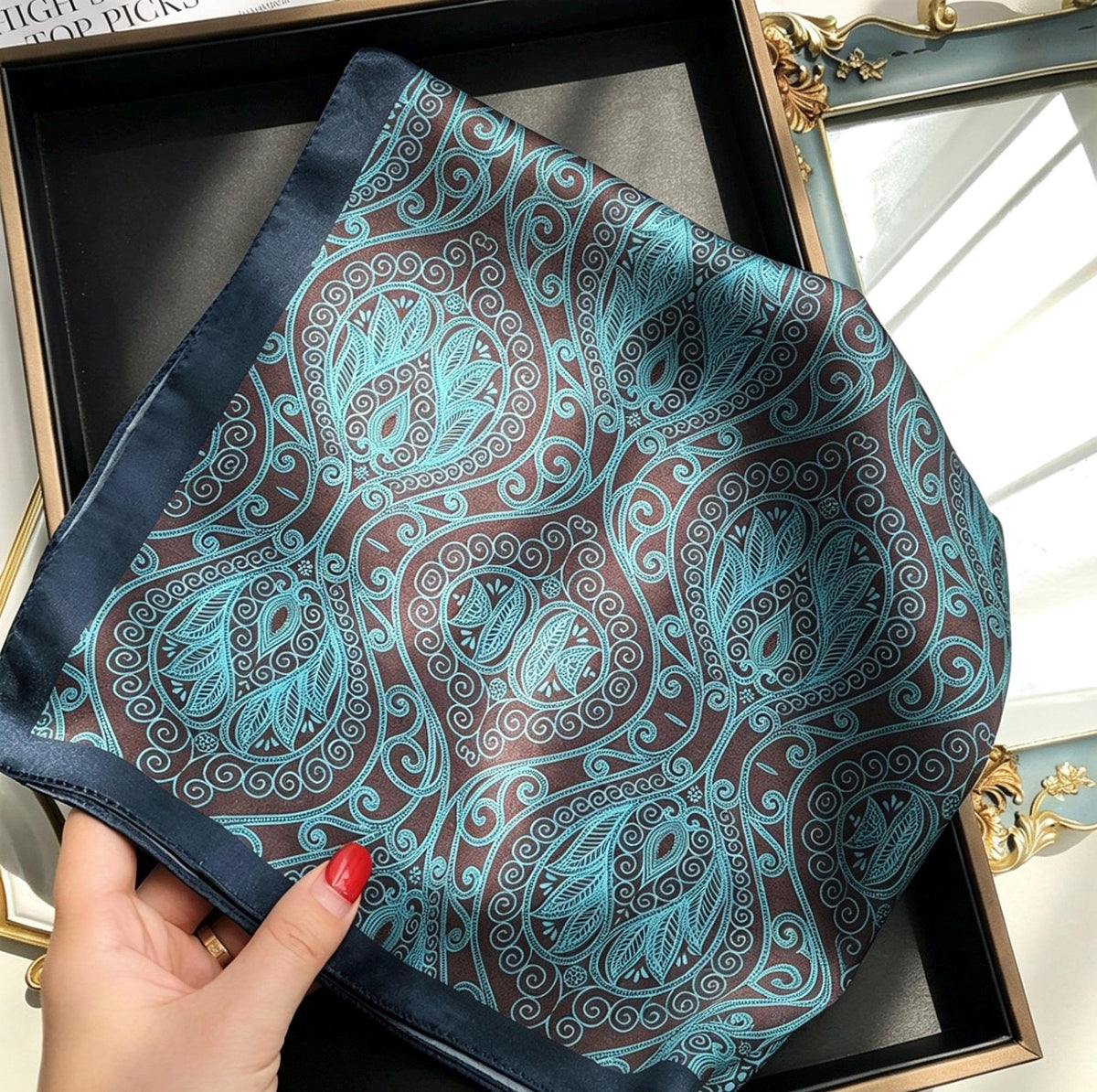 100% Mulberry Silk Scarf 21"x21" 53x53cm, Vintage Silk Neckerchief, Elegant Floral Square Scarf for Women, Retro Hair Bandana, Gift for Her