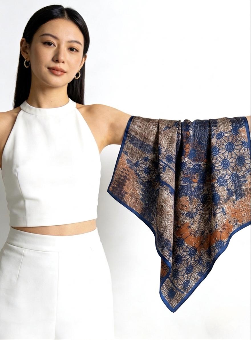 100% Mulberry Silk Scarf 21"x21" 53x53cm, Vintage Blue Floral Silk Neckerchief, Elegant Flower Square Scarf, Retro Hair Bandana,Gift for Her