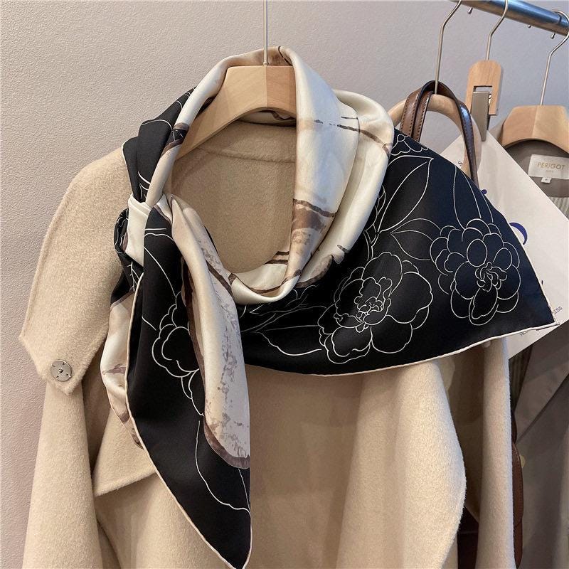 100% Mulberry Silk Scarf 35"x35" 90x90CM Camellia Flower Silk Twill Large Square Scarf, Luxury Shawl Hair Bandana Wrap, Gift for Her