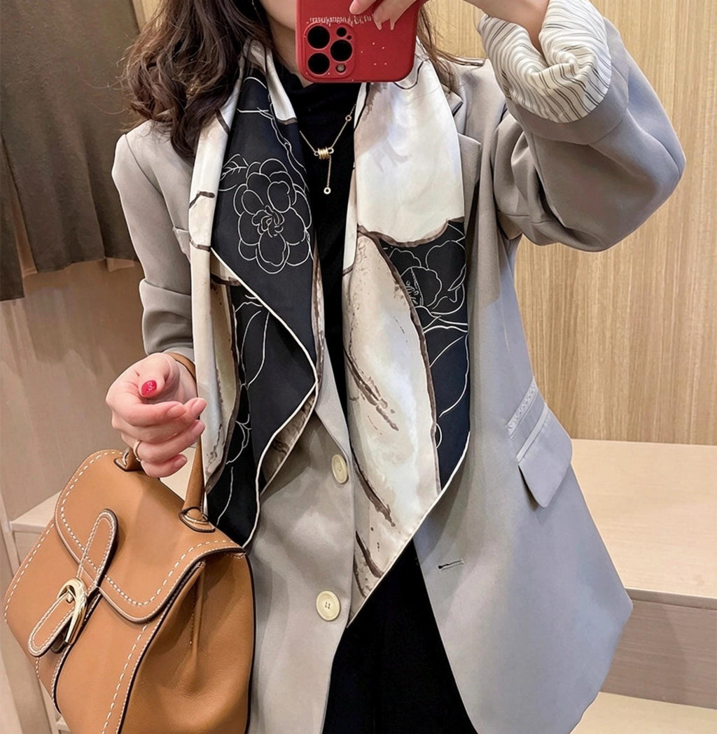 100% Mulberry Silk Scarf 35"x35" 90x90CM Camellia Flower Silk Twill Large Square Scarf, Luxury Shawl Hair Bandana Wrap, Gift for Her