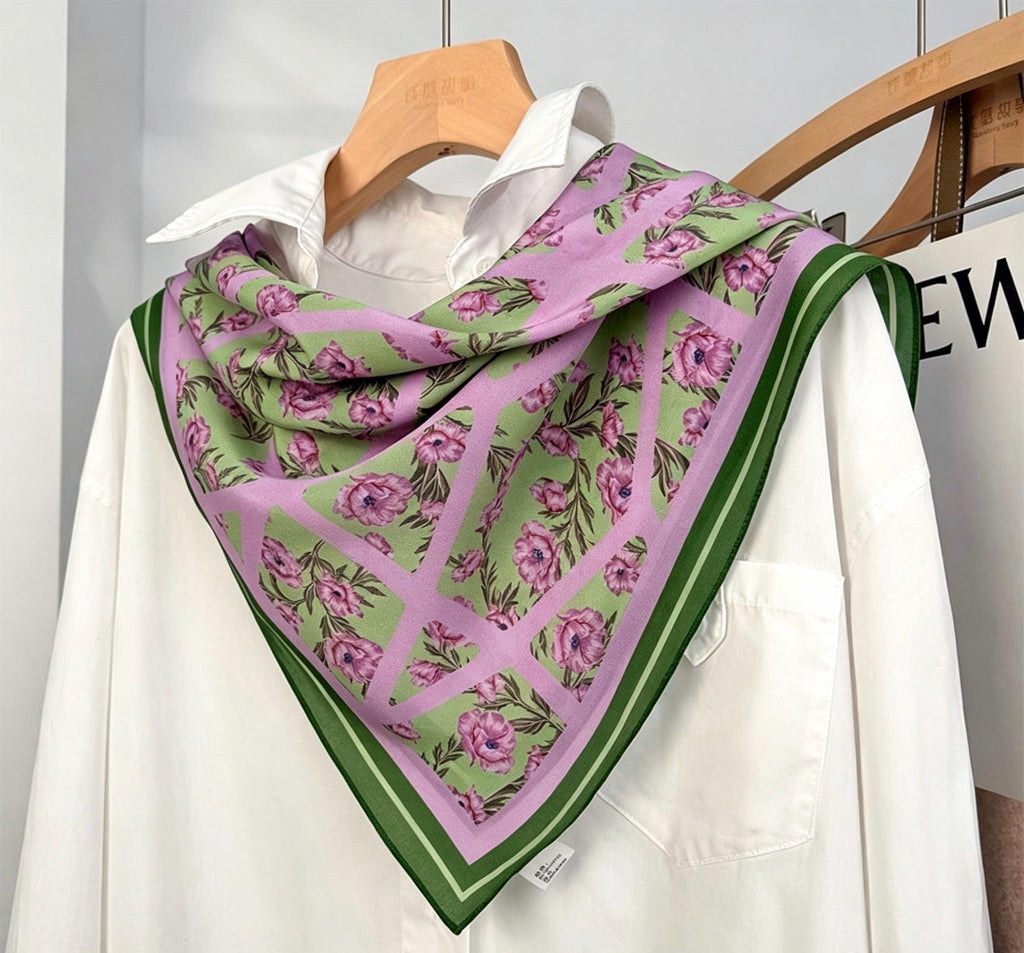 100% Mulberry Silk Scarf 26x26" 65x65CM, Romantic Spring Pastel Silk Square Scarf, Hand-Rolled Crepe de Chine Neck Scarf, Luxury Floral Gift