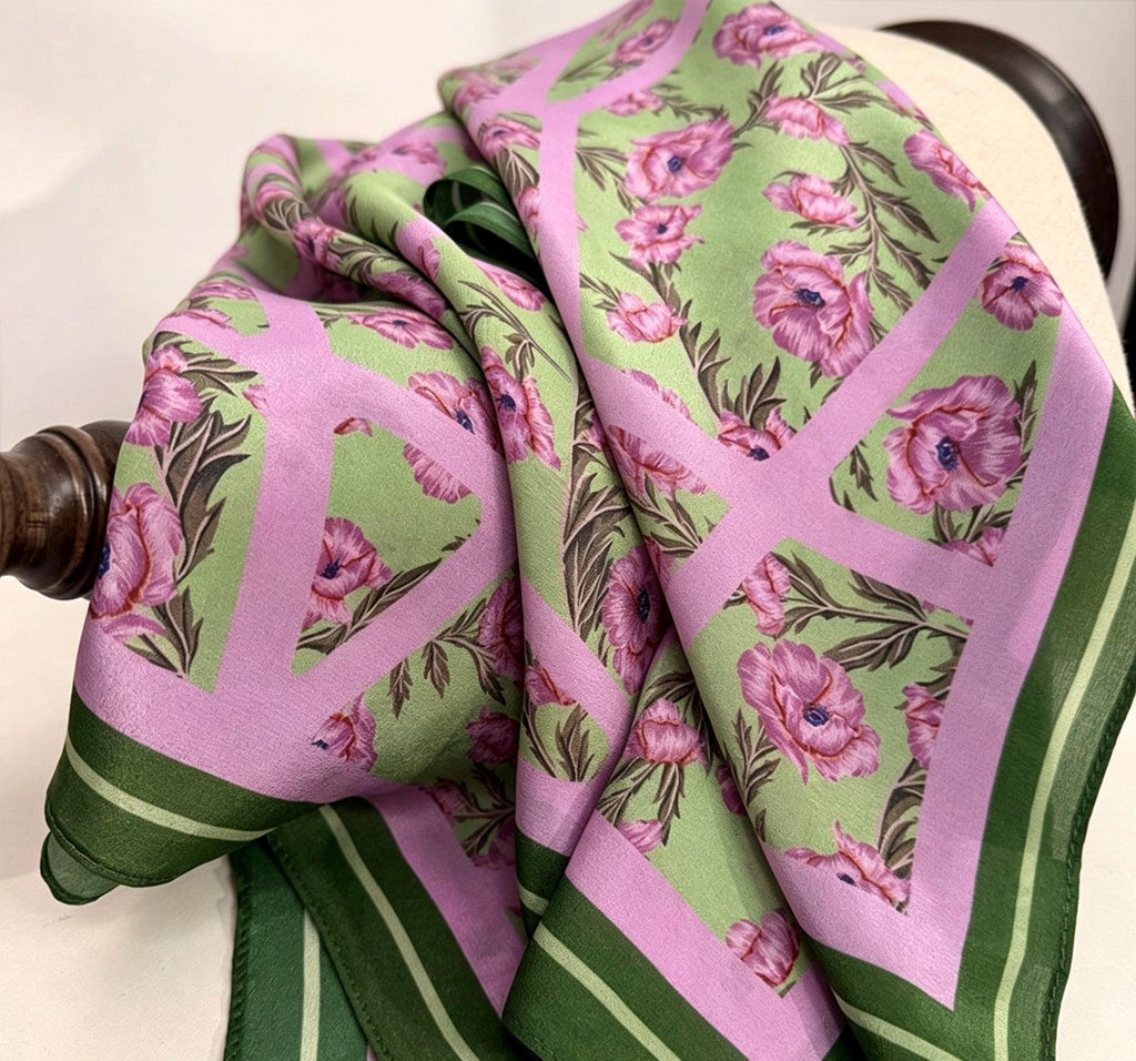 100% Mulberry Silk Scarf 26x26" 65x65CM, Romantic Spring Pastel Silk Square Scarf, Hand-Rolled Crepe de Chine Neck Scarf, Luxury Floral Gift