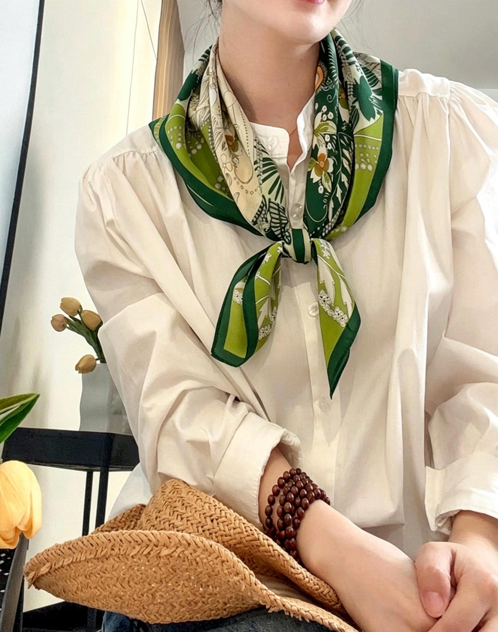 100% Mulberry Silk Scarf 26x26" 65x65CM, Fresh Garden Green Silk Square Scarf, Crepe de Chine Floral Neck Scarf, Luxury Botanical Gift