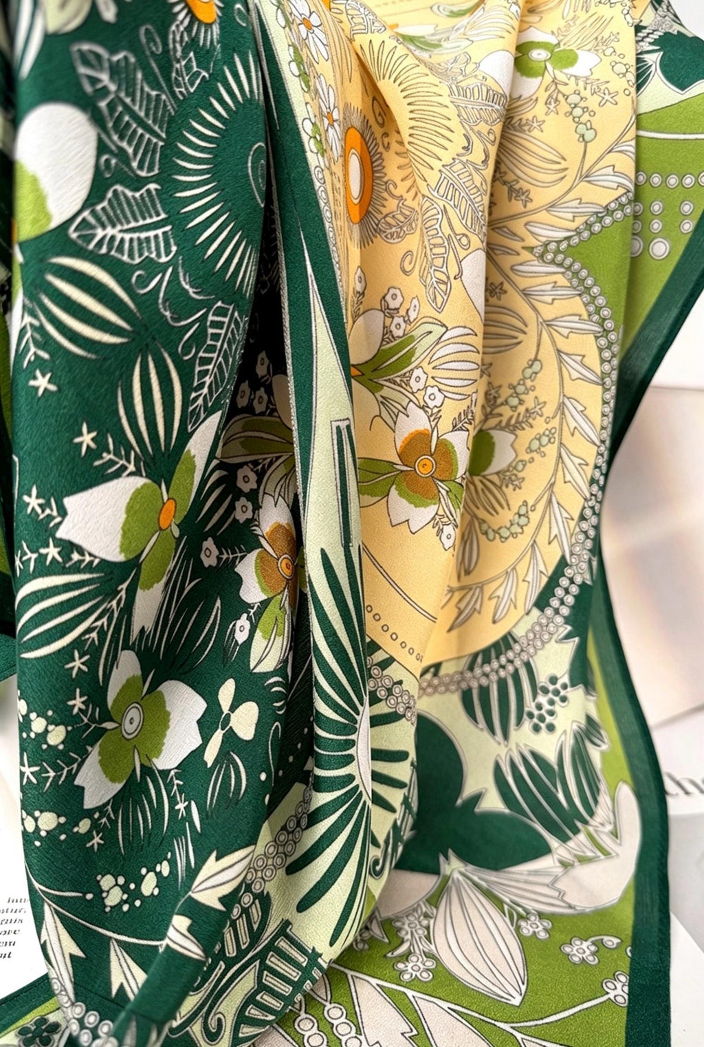 100% Mulberry Silk Scarf 26x26" 65x65CM, Fresh Garden Green Silk Square Scarf, Crepe de Chine Floral Neck Scarf, Luxury Botanical Gift