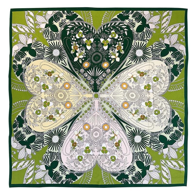 100% Mulberry Silk Scarf 26x26" 65x65CM, Fresh Garden Green Silk Square Scarf, Crepe de Chine Floral Neck Scarf, Luxury Botanical Gift
