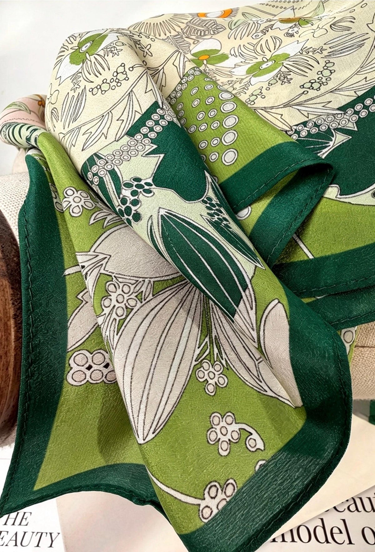 100% Mulberry Silk Scarf 26x26" 65x65CM, Fresh Garden Green Silk Square Scarf, Crepe de Chine Floral Neck Scarf, Luxury Botanical Gift