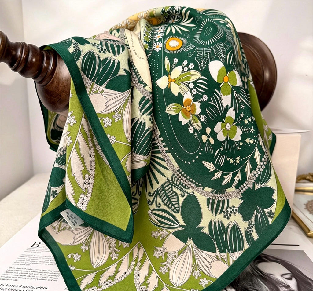 100% Mulberry Silk Scarf 26x26" 65x65CM, Fresh Garden Green Silk Square Scarf, Crepe de Chine Floral Neck Scarf, Luxury Botanical Gift