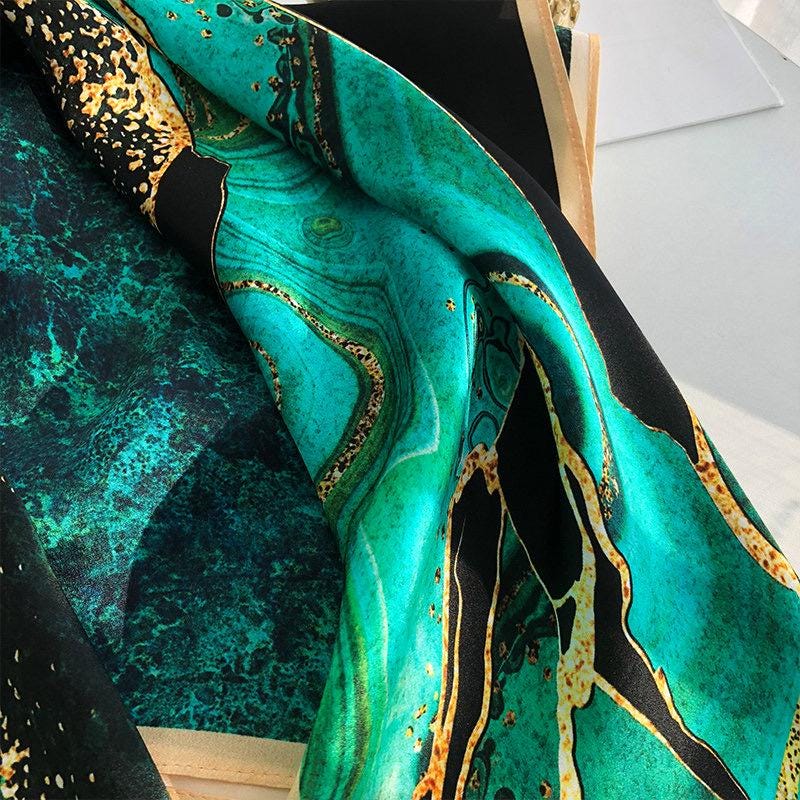 100% Mulberry Silk Scarf 26x26" 65x65CM, Aurora Green Silk Bandana, Hand Rolled Edge, Luxury Neck Scarf, Fashion Gift for Her