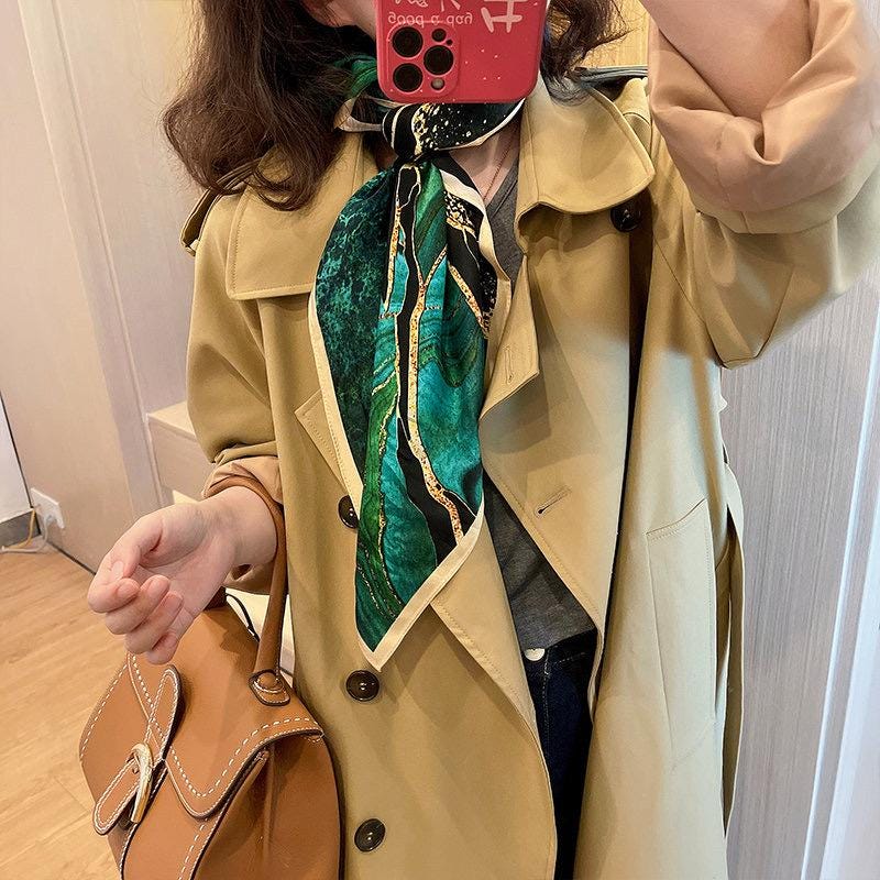 100% Mulberry Silk Scarf 26x26" 65x65CM, Aurora Green Silk Bandana, Hand Rolled Edge, Luxury Neck Scarf, Fashion Gift for Her