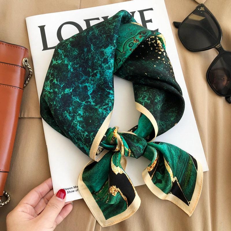 100% Mulberry Silk Scarf 26x26" 65x65CM, Aurora Green Silk Bandana, Hand Rolled Edge, Luxury Neck Scarf, Fashion Gift for Her