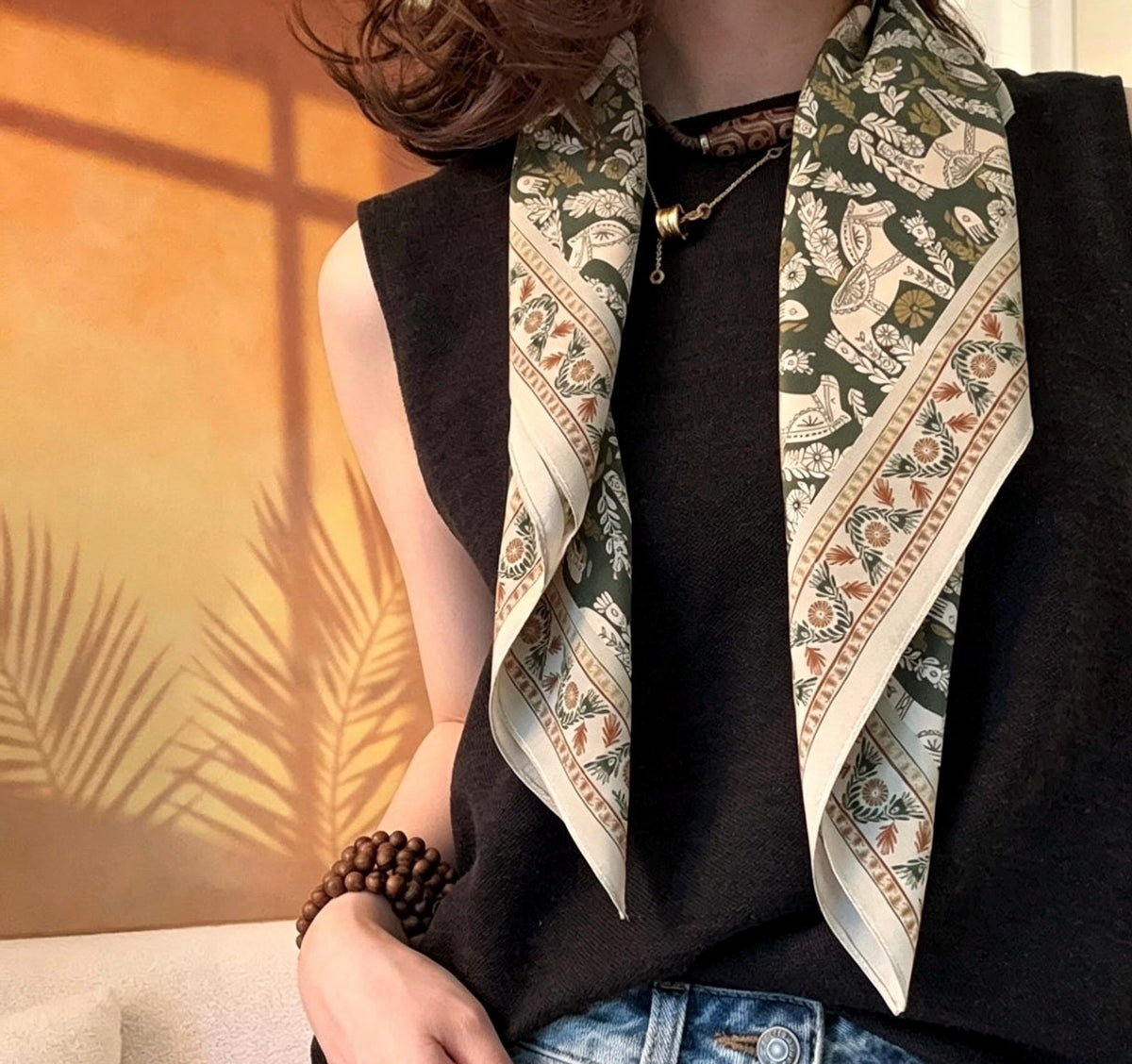 100% Mulberry Silk Scarf 26"x26" 65x65CM, Vintage Equestrian Pony Silk Crepe de Chine Square Scarf, Quiet Luxury Green Field Bandana