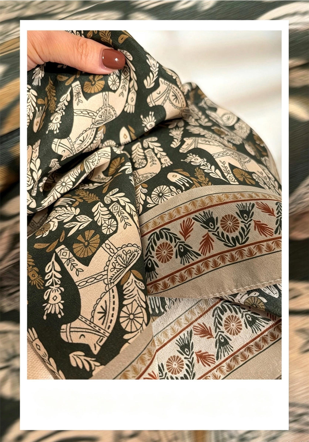 100% Mulberry Silk Scarf 26"x26" 65x65CM, Vintage Equestrian Pony Silk Crepe de Chine Square Scarf, Quiet Luxury Green Field Bandana