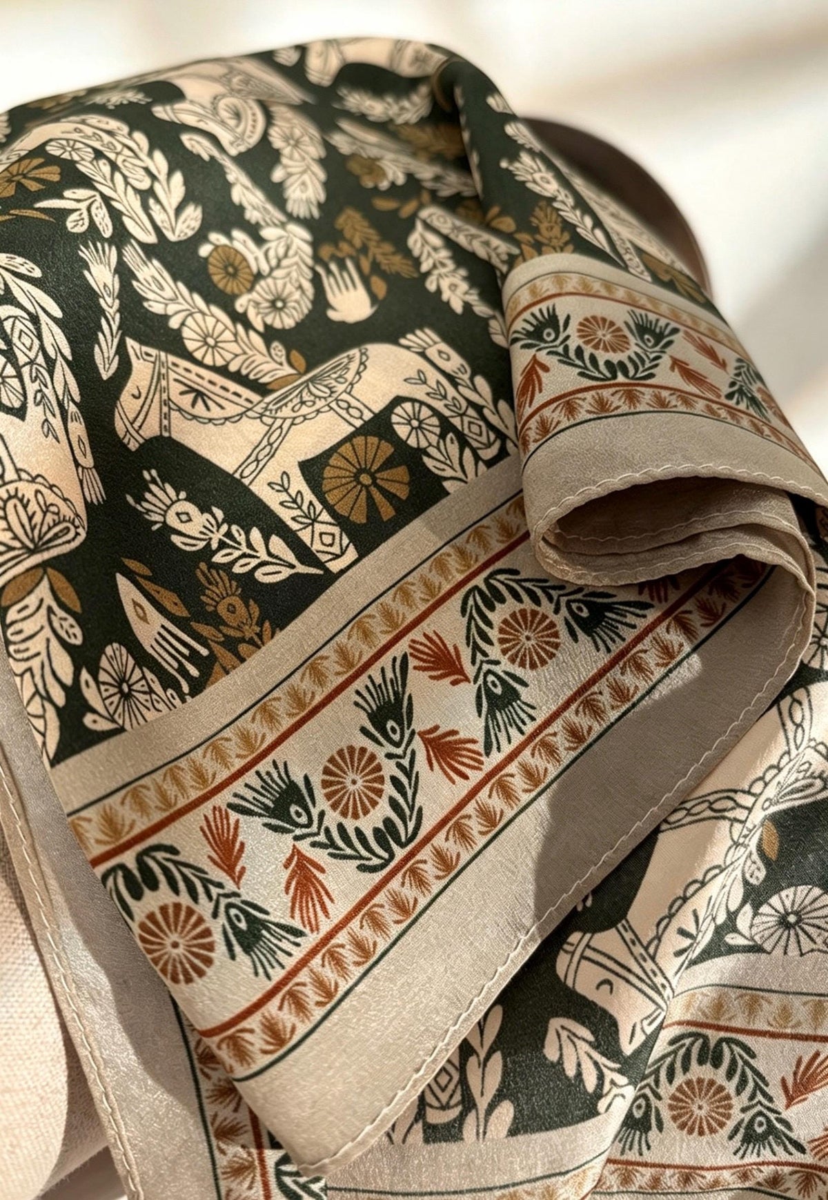 100% Mulberry Silk Scarf 26"x26" 65x65CM, Vintage Equestrian Pony Silk Crepe de Chine Square Scarf, Quiet Luxury Green Field Bandana