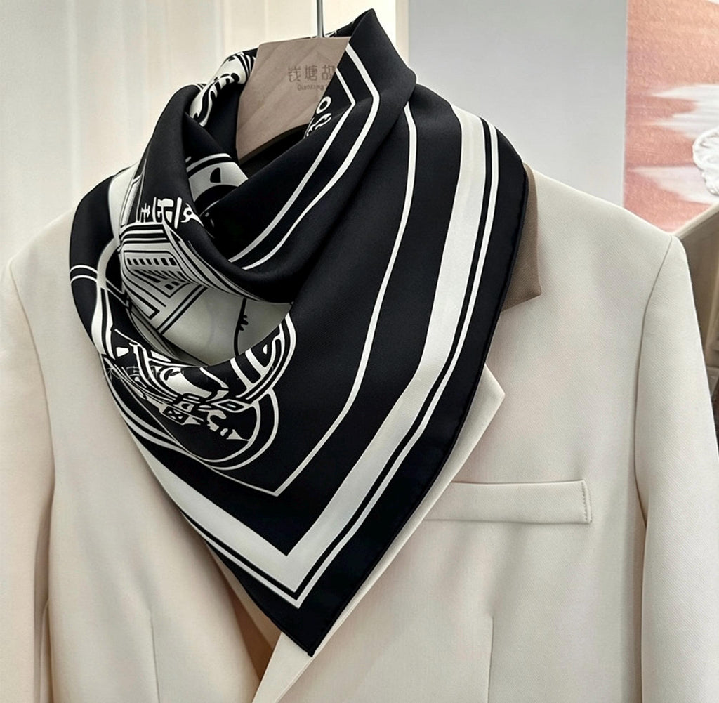 100% Mulberry Silk Scarf 35"x35" 88x88cm, Black and White Silk Shawl, French Chic Silk Head Scarf, Quiet Luxury Neck Scarf, Gift for Her