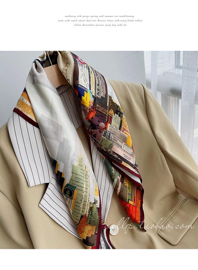 100% Mulberry Silk Scarf 27"x27" 68x68cm, 12 Momme Modern Urban Silk Neckerchief, Small Square Scarf, Chic Autumn Silk Necktie, Gift for Her