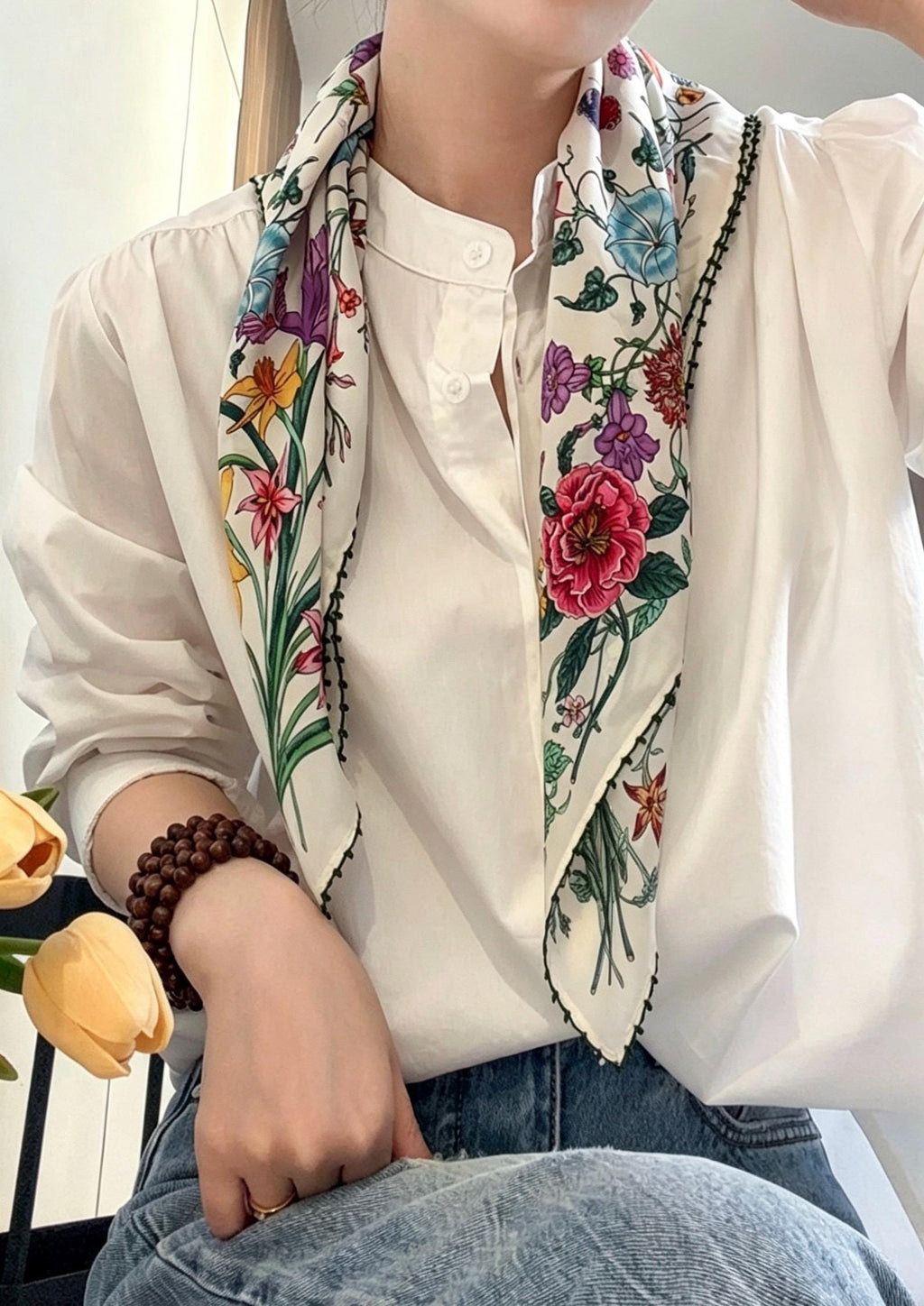 100% Silk Scarf 26"x26" 65x65cm, Spring Floral Mulberry Silk Crepe de Chine Square Scarf, Elegant Silk Head Wrap Bandana Neck Scarf