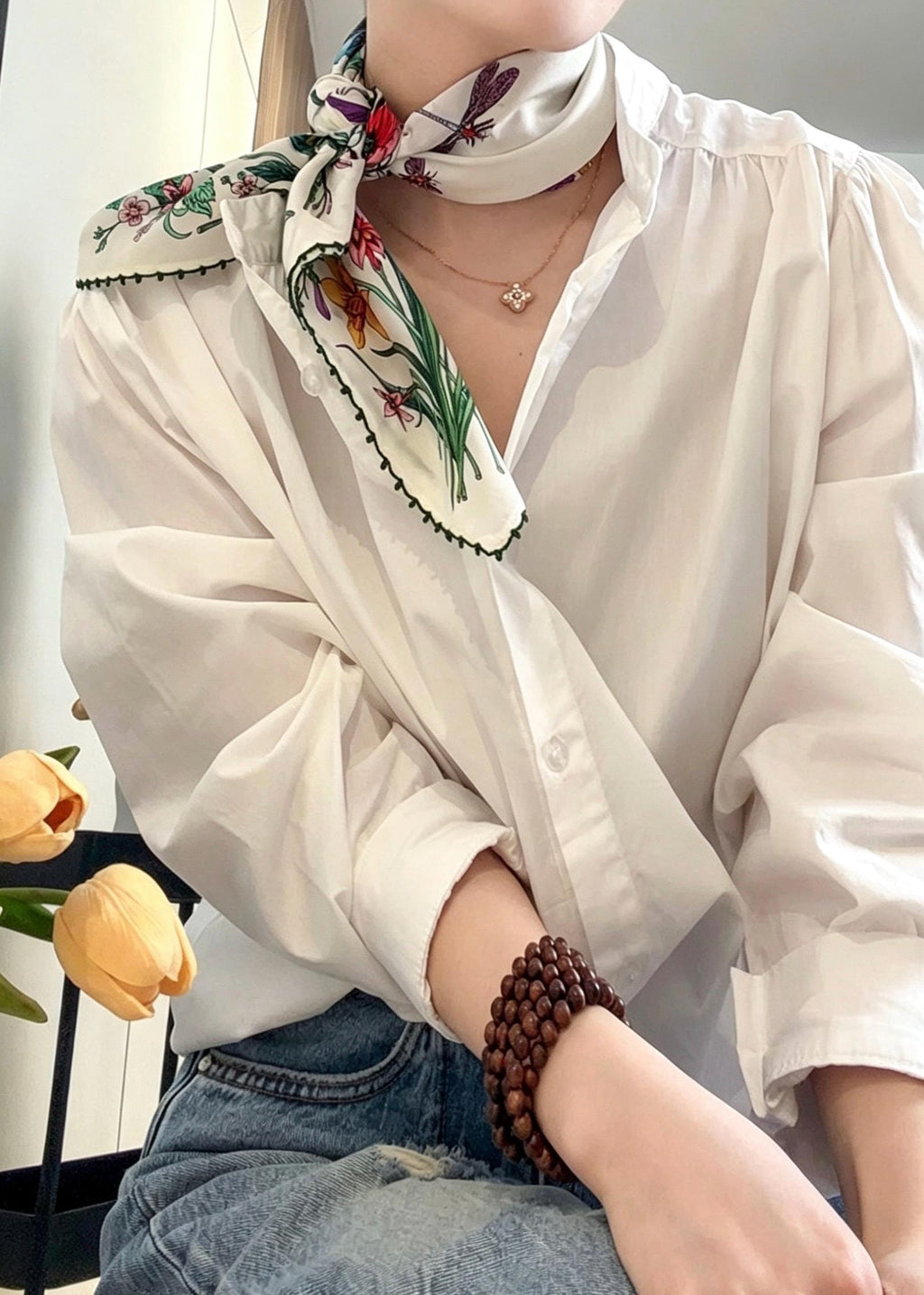 100% Silk Scarf 26"x26" 65x65cm, Spring Floral Mulberry Silk Crepe de Chine Square Scarf, Elegant Silk Head Wrap Bandana Neck Scarf