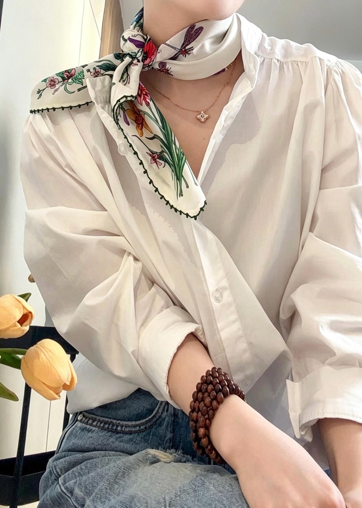 100% Silk Scarf 26"x26" 65x65cm, Spring Floral Mulberry Silk Crepe de Chine Square Scarf, Elegant Silk Head Wrap Bandana Neck Scarf