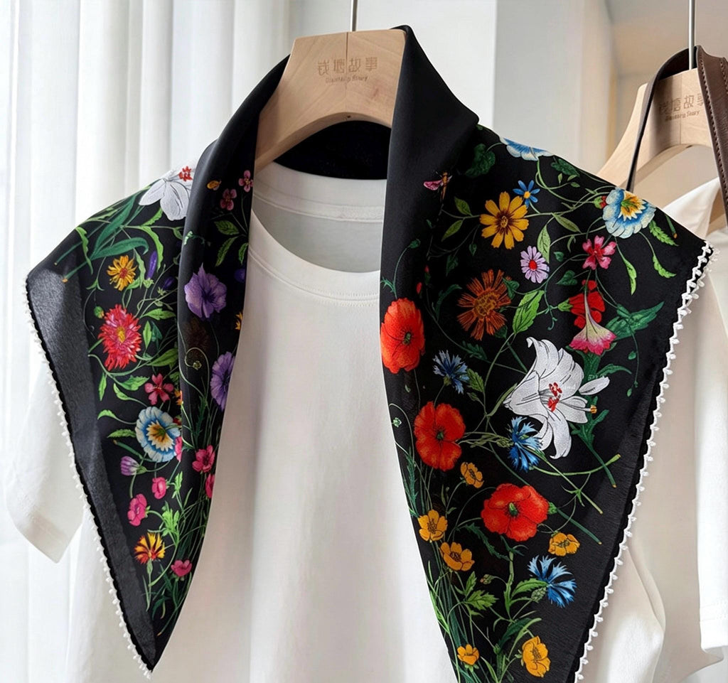 100% Silk Scarf 26"x26" 65x65cm, Spring Floral Mulberry Silk Crepe de Chine Square Scarf, Elegant Silk Head Wrap Bandana Neck Scarf