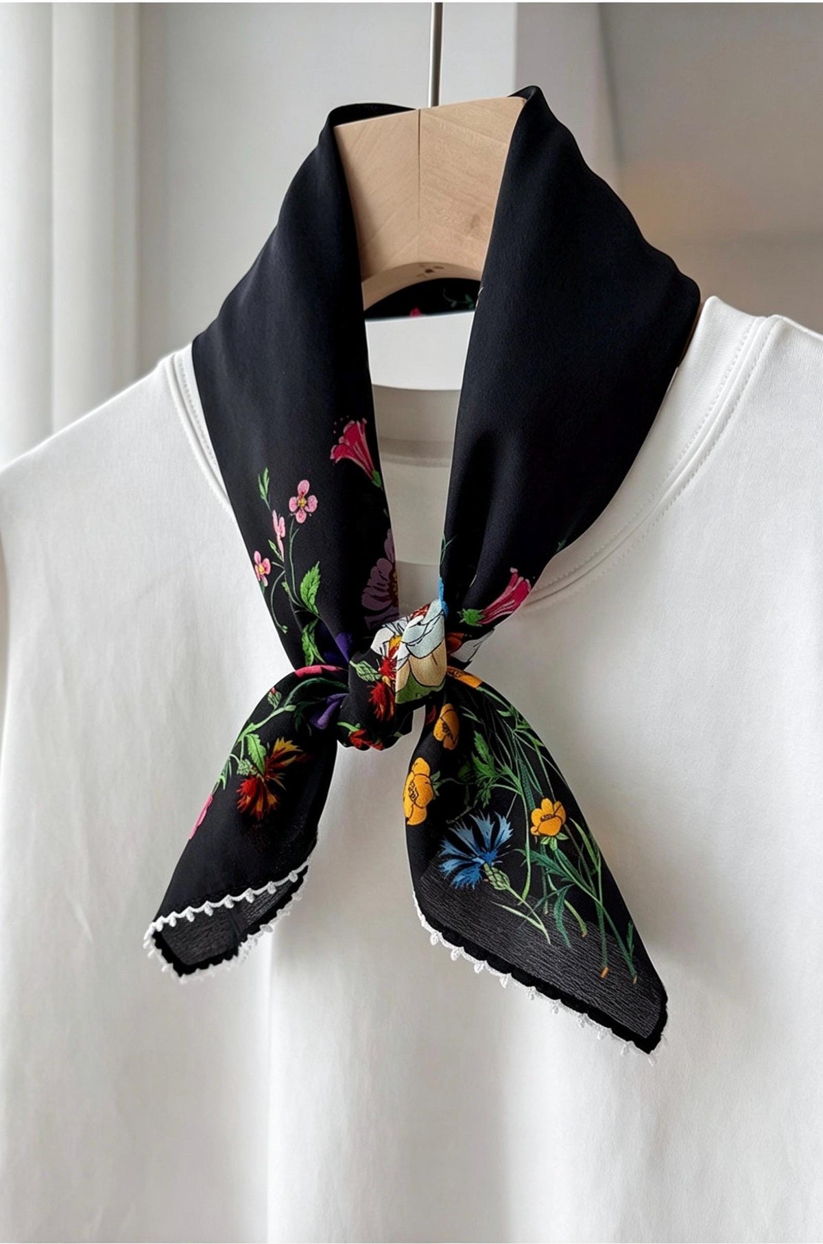 100% Silk Scarf 26"x26" 65x65cm, Spring Floral Mulberry Silk Crepe de Chine Square Scarf, Elegant Silk Head Wrap Bandana Neck Scarf