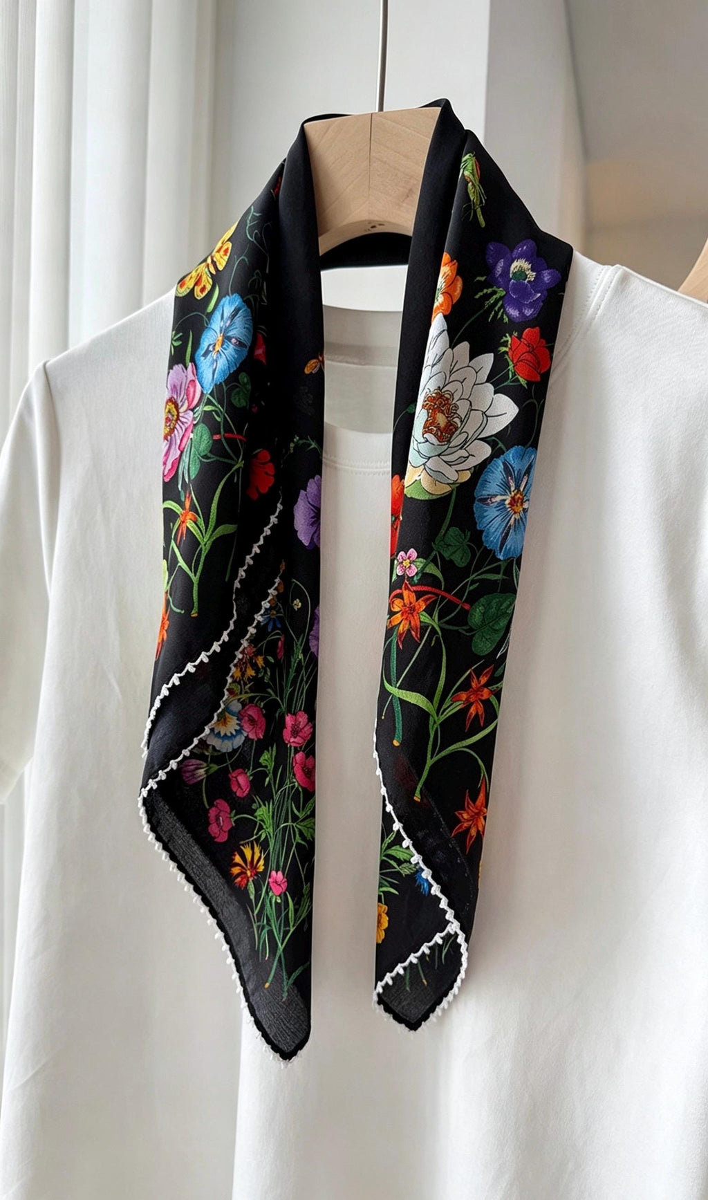 100% Silk Scarf 26"x26" 65x65cm, Spring Floral Mulberry Silk Crepe de Chine Square Scarf, Elegant Silk Head Wrap Bandana Neck Scarf