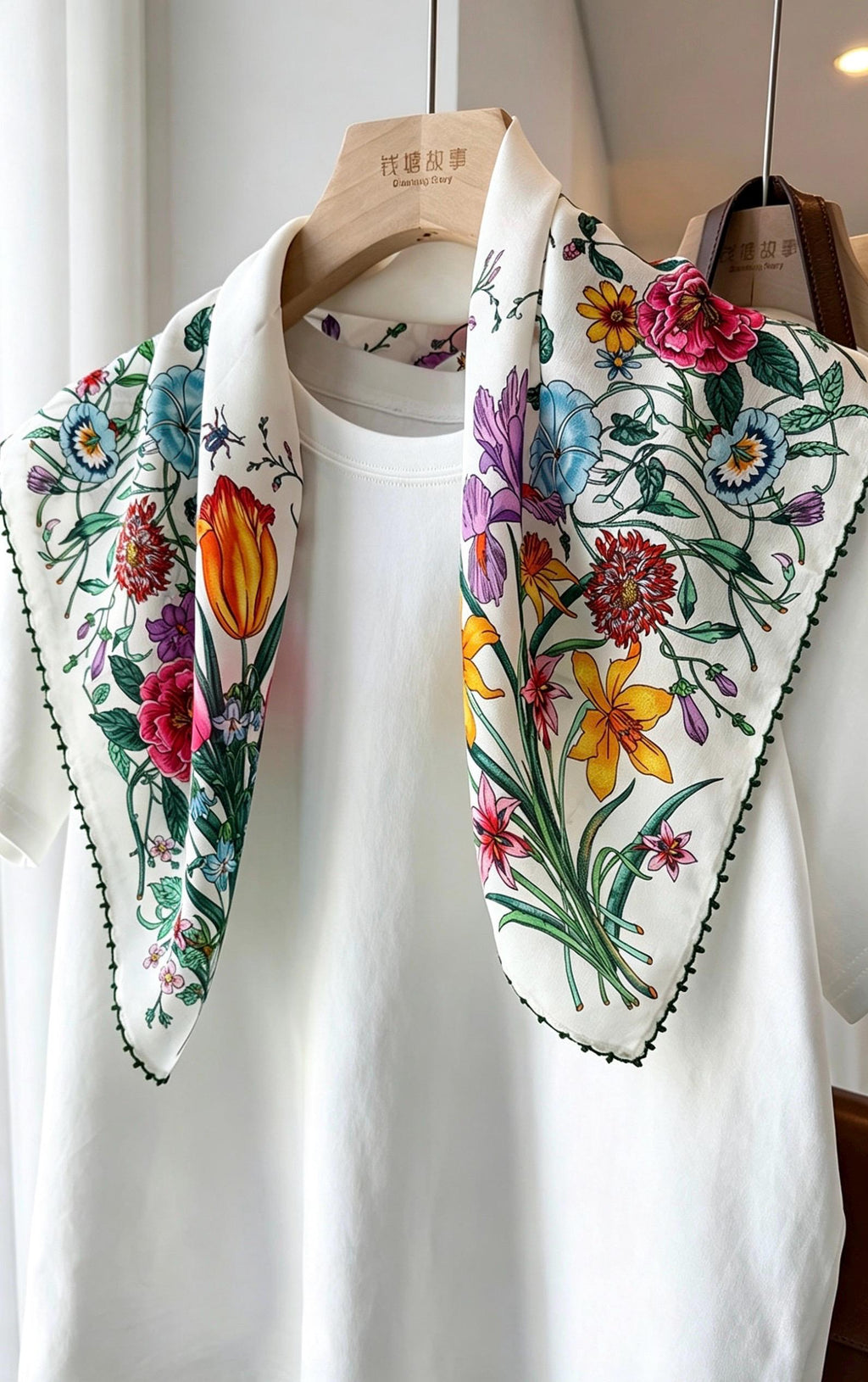 100% Silk Scarf 26"x26" 65x65cm, Spring Floral Mulberry Silk Crepe de Chine Square Scarf, Elegant Silk Head Wrap Bandana Neck Scarf
