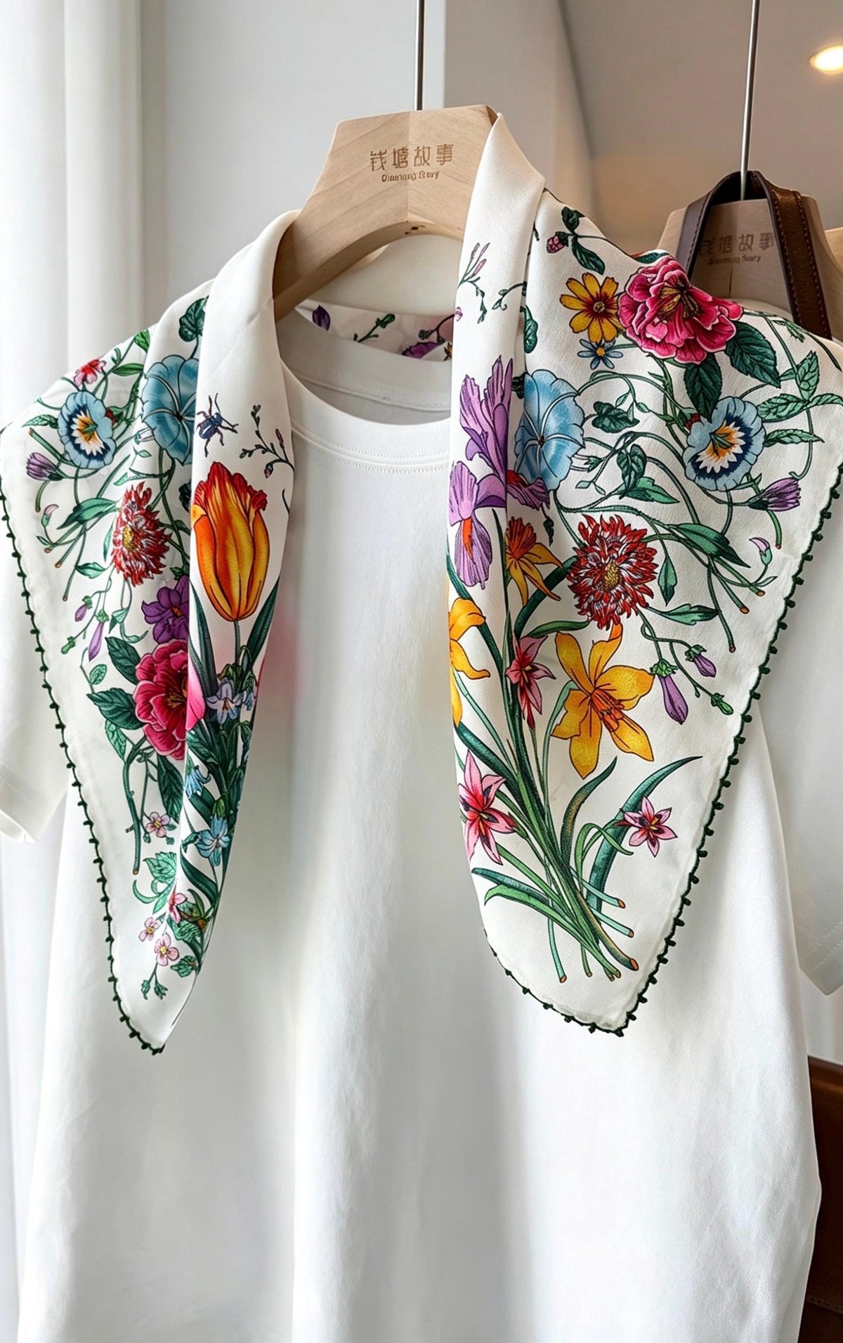 100% Silk Scarf 26"x26" 65x65cm, Spring Floral Mulberry Silk Crepe de Chine Square Scarf, Elegant Silk Head Wrap Bandana Neck Scarf