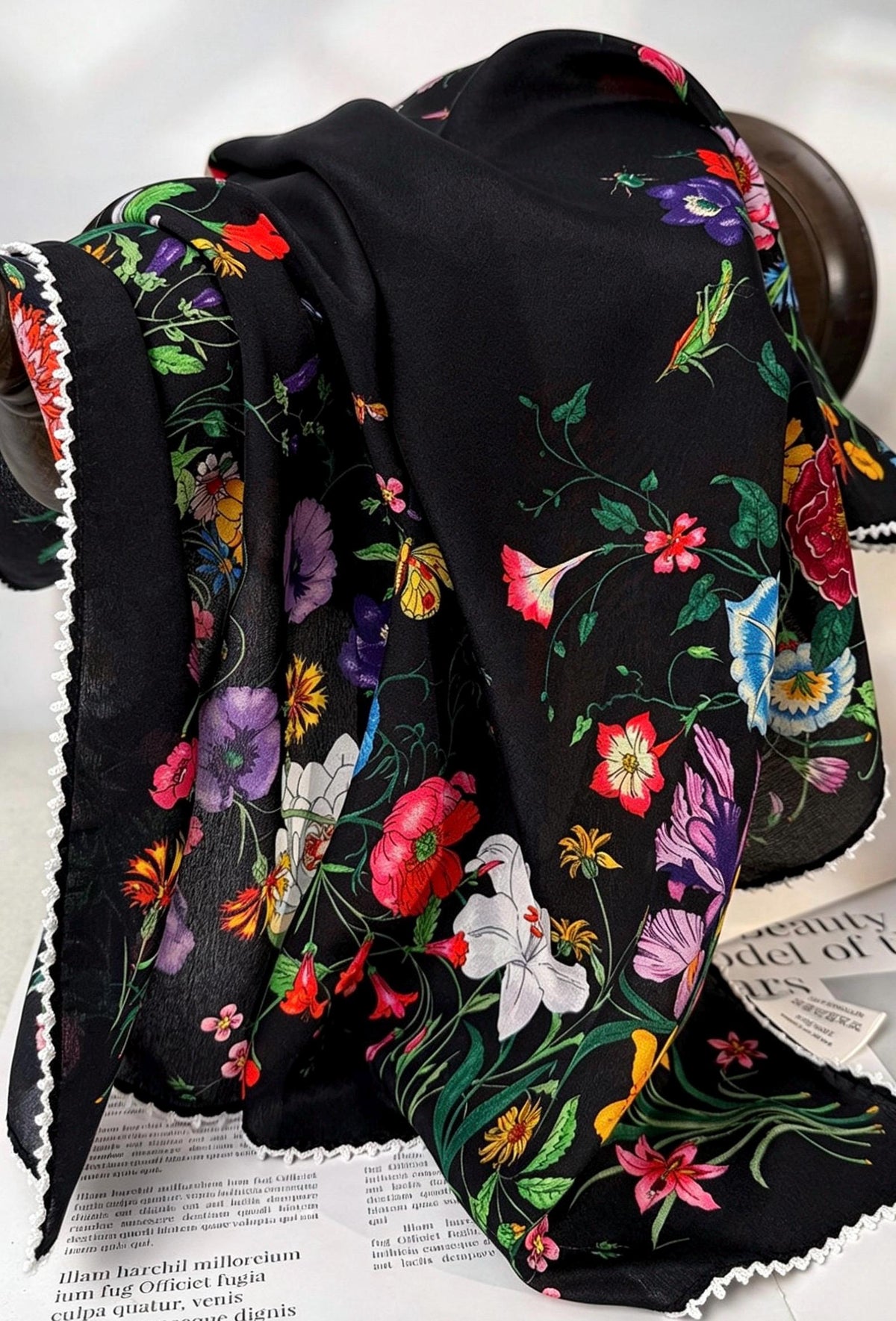 100% Silk Scarf 26"x26" 65x65cm, Spring Floral Mulberry Silk Crepe de Chine Square Scarf, Elegant Silk Head Wrap Bandana Neck Scarf