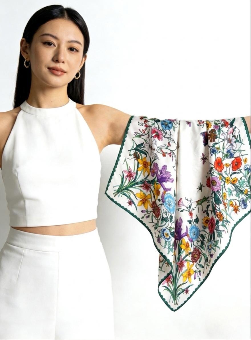100% Silk Scarf 26"x26" 65x65cm, Spring Floral Mulberry Silk Crepe de Chine Square Scarf, Elegant Silk Head Wrap Bandana Neck Scarf