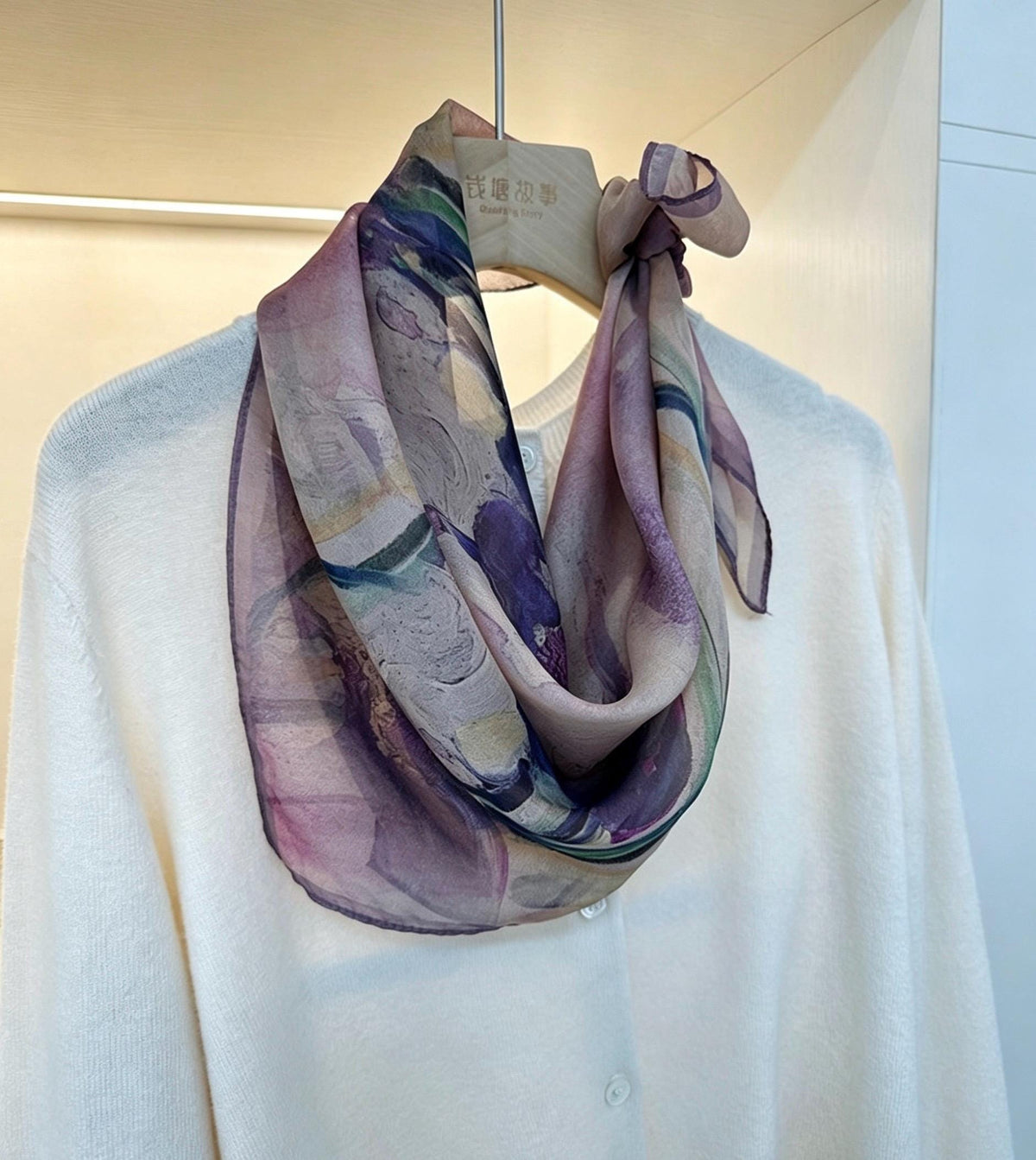 100% Silk Scarf 26"x26" 65x65cm, Gambiered Gauze Square Scarf, Neo Chinese Style Silk Wrap, Shulang Dye Botanical Neck Scarf