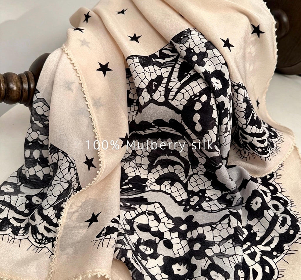 100% Mulberry Silk Scarf 26"x26" 65x65CM, Starry Sky Lace Print Silk Crepe Scarf, French Chic Neckerchief, Small Square Hair Scarf Gift
