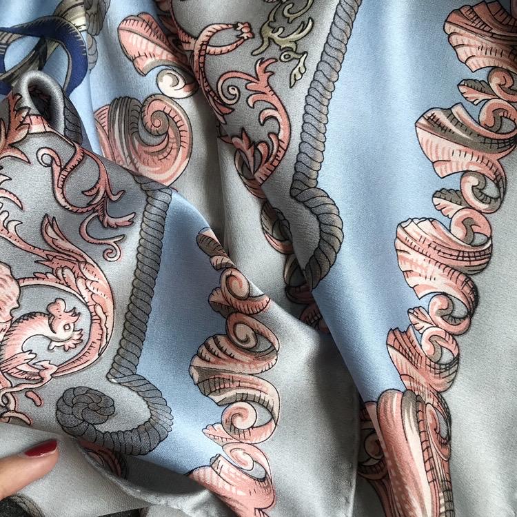 100% Mulberry Silk Scarf 43"x43" 110x110CM, Vintage Equestrian Knight Silk Shawl, Luxury Haze Blue Silk Satin Square, Gift for Her