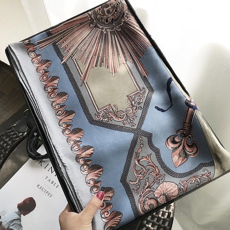 100% Mulberry Silk Scarf 43"x43" 110x110CM, Vintage Equestrian Knight Silk Shawl, Luxury Haze Blue Silk Satin Square, Gift for Her